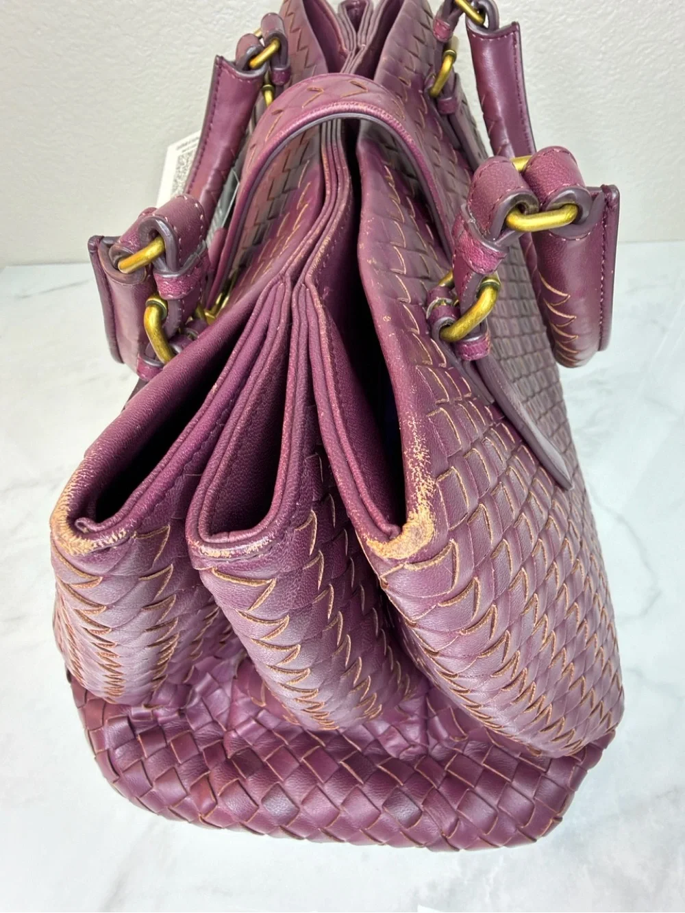 Bottega Veneta Large Roma Intrecciato Gold Wine Burgundy Suede Leather Bag + COA